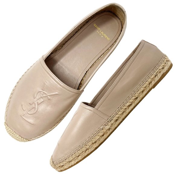 Saint Laurent Shoes - Saint Laurent Logo Embossed Lamb Nude Leather Espadrille Flats